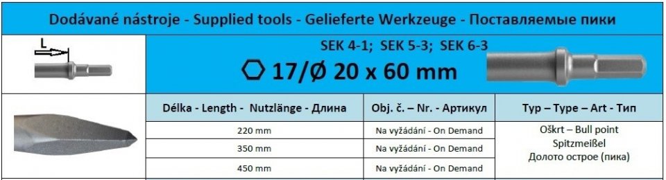 Hex17/R 20 x 60 Долото острое (пика)